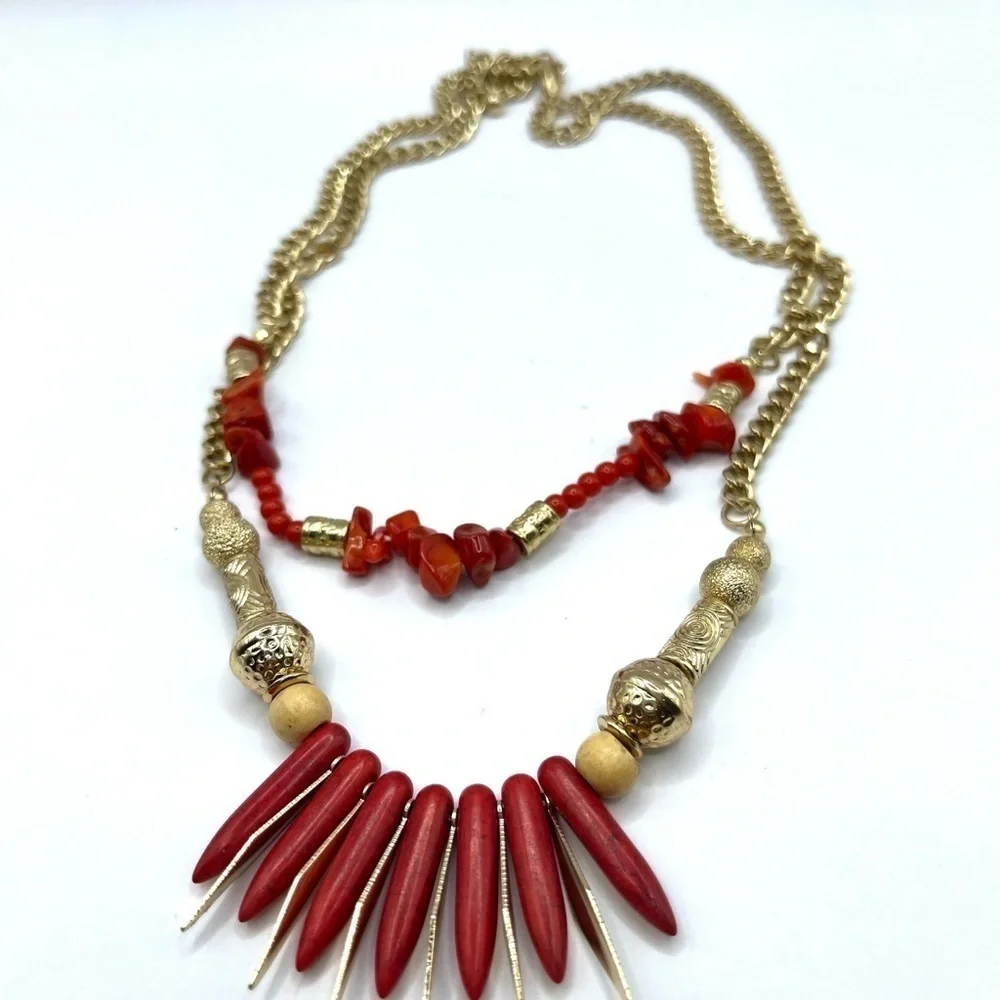 Fire Beads with Tribal Flare Layered Chain Necklace Red stone and long Gold bead